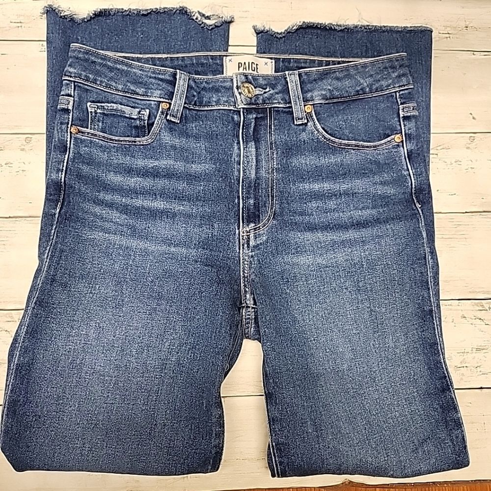 Paige Colette Crop Flared Dark Wash Raw Hem Jeans Blue Womens Sz 27